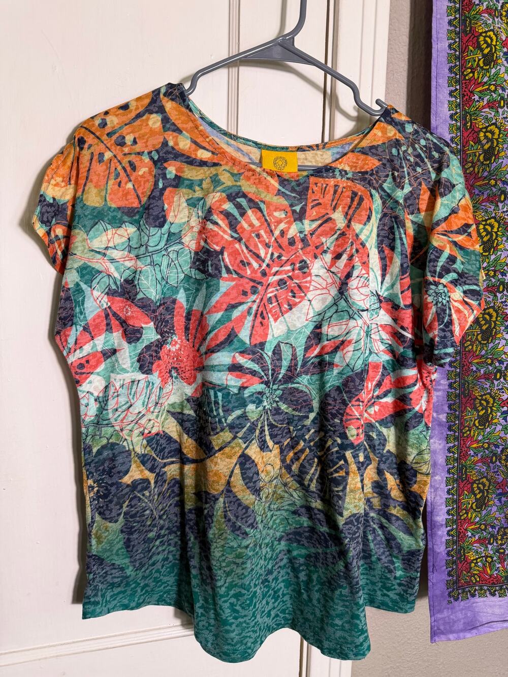 Ruby Rd Tropical Floral Top Flutter Sleeve Artsy Boho Multicolor - XL